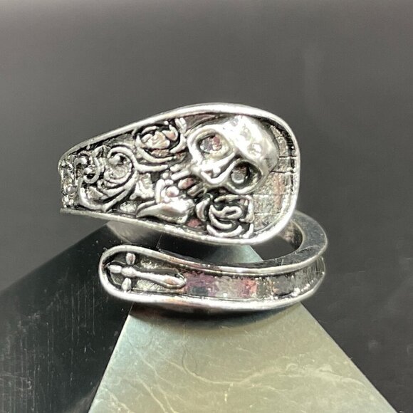 Boho Rocker Skull and Rose Adjustable Spoon Ring #1350 - Picture 8 of 9